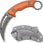 Karambit-Messer mit feststehender Klinge – Klauenmesser aus D2-Stahl mit G10-Griff und Scheide (Orange)