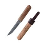 Geschmiedetes Damaststahlmesser mit hoher Härte und tragbarem Griff. Camping-Holzmesser mit weißem Schatten